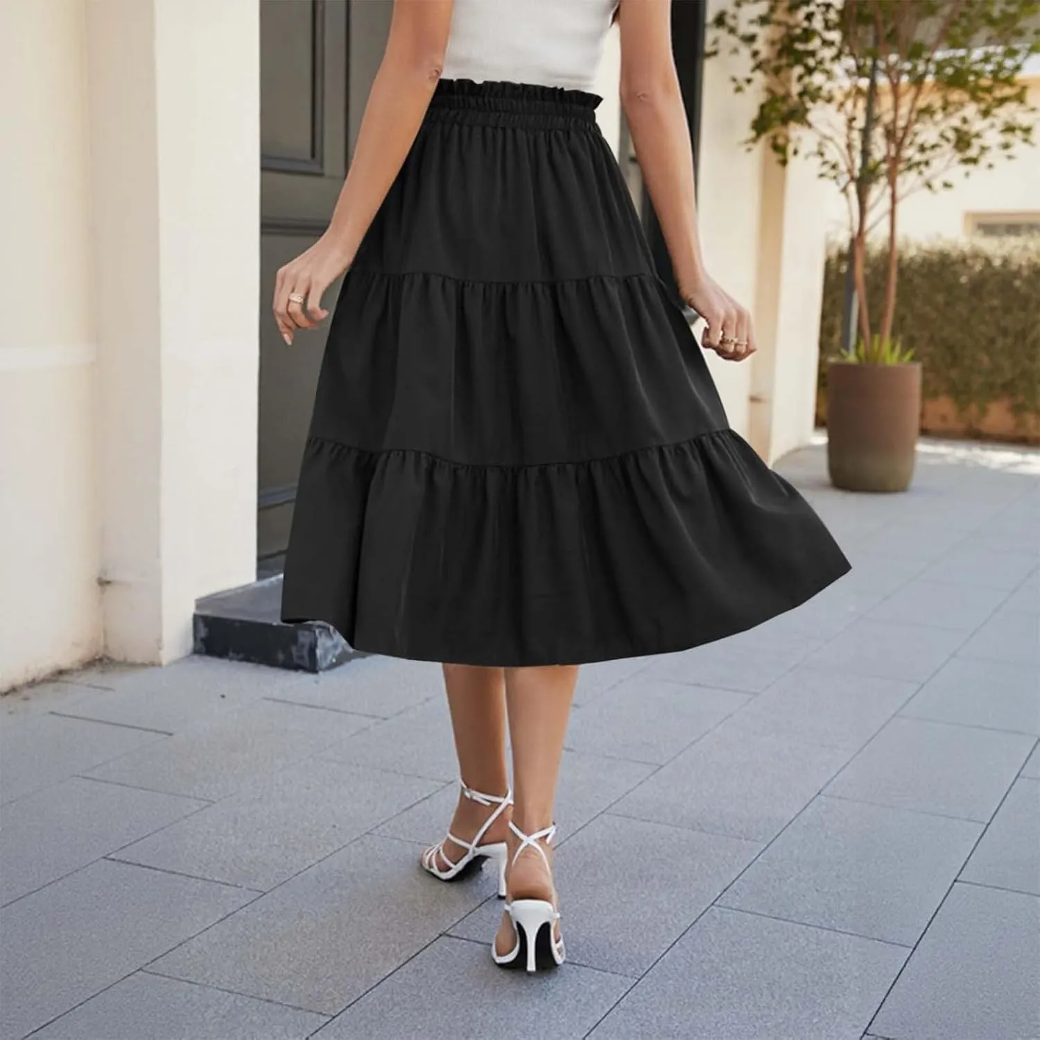 Tiered Midi Skirt for Women 2025 Flowy A Line Skirt Elastic Waist Bohemian Flared Long Spring Summer Skirt