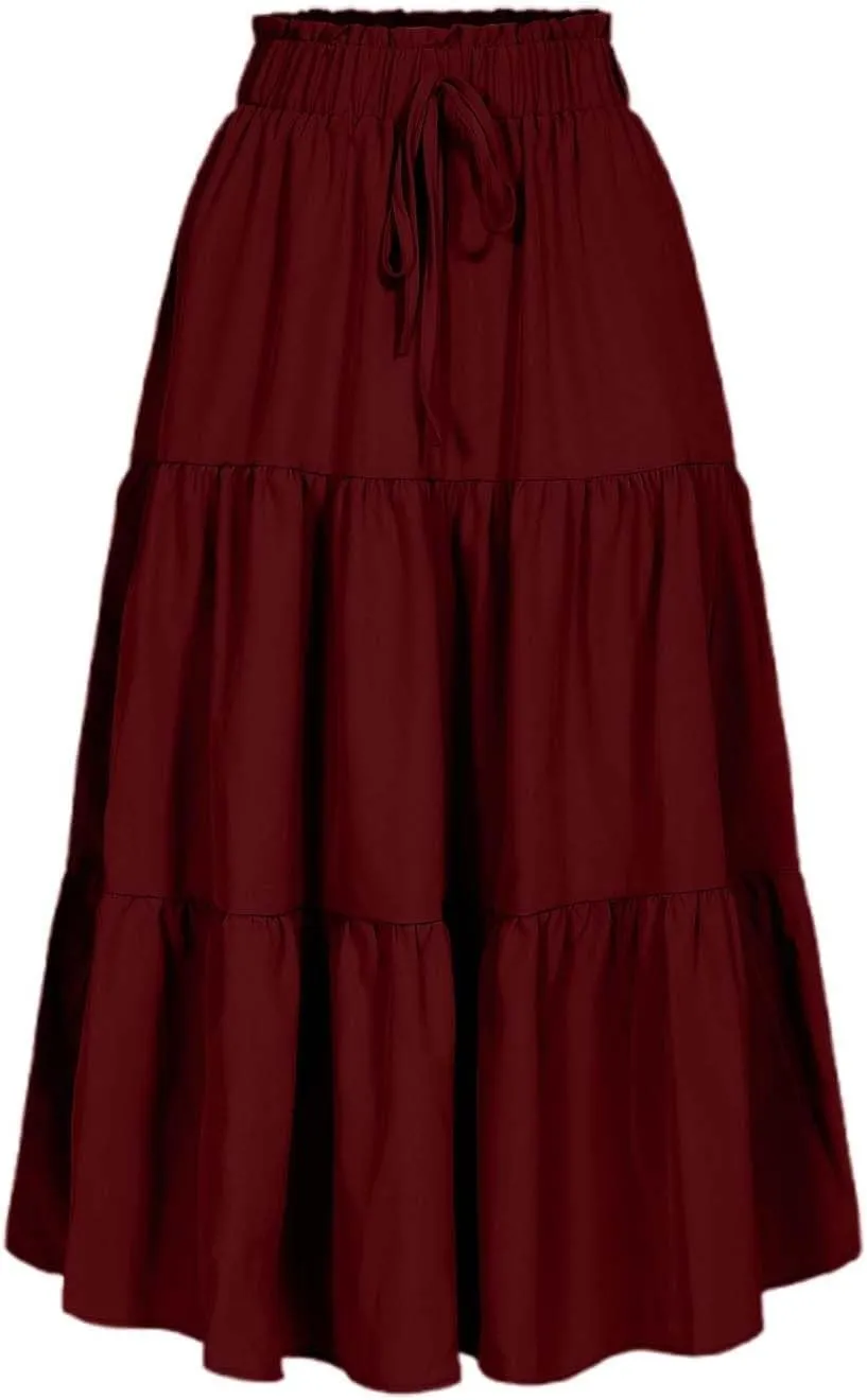 Tiered Midi Skirt for Women 2025 Flowy A Line Skirt Elastic Waist Bohemian Flared Long Spring Summer Skirt