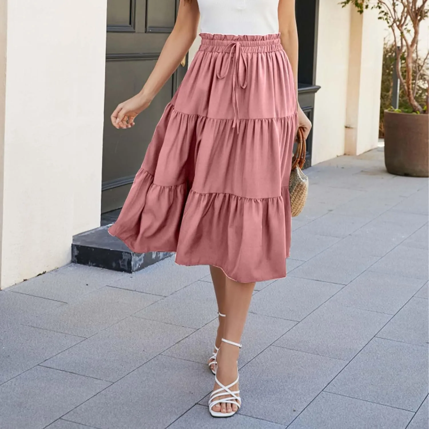 Tiered Midi Skirt for Women 2025 Flowy A Line Skirt Elastic Waist Bohemian Flared Long Spring Summer Skirt