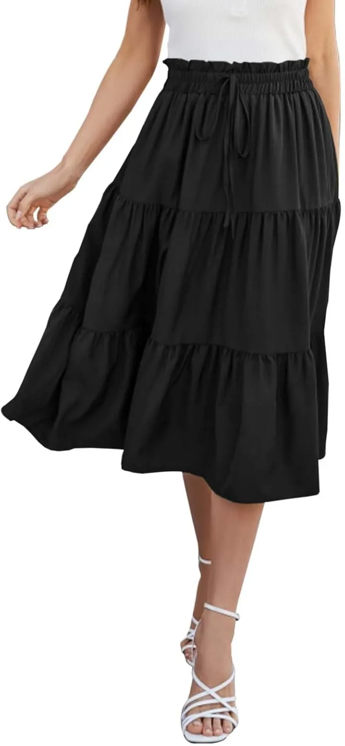 Tiered Midi Skirt for Women 2025 Flowy A Line Skirt Elastic Waist Bohemian Flared Long Spring Summer Skirt