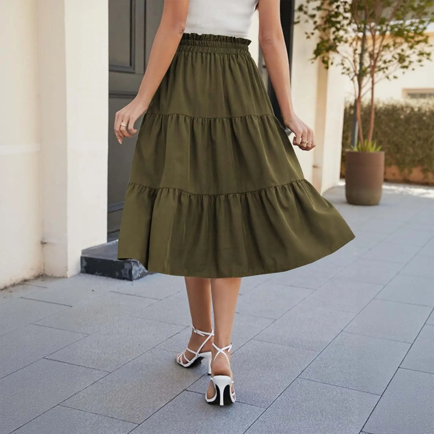 Tiered Midi Skirt for Women 2025 Flowy A Line Skirt Elastic Waist Bohemian Flared Long Spring Summer Skirt