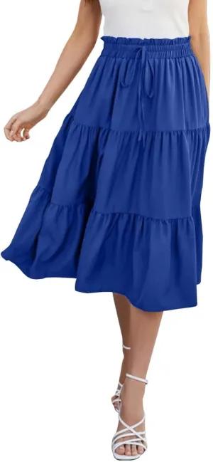 Tiered Midi Skirt for Women 2025 Flowy A Line Skirt Elastic Waist Bohemian Flared Long Spring Summer Skirt