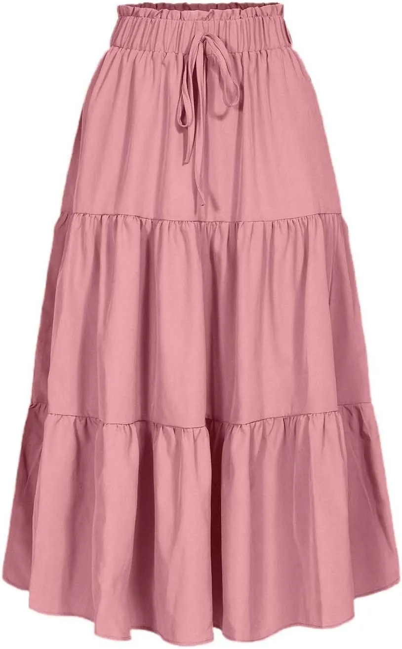 Tiered Midi Skirt for Women 2025 Flowy A Line Skirt Elastic Waist Bohemian Flared Long Spring Summer Skirt