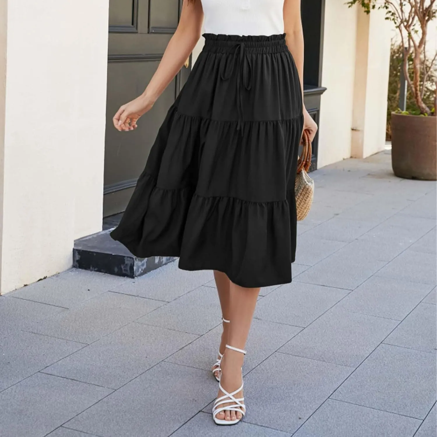 Tiered Midi Skirt for Women 2025 Flowy A Line Skirt Elastic Waist Bohemian Flared Long Spring Summer Skirt