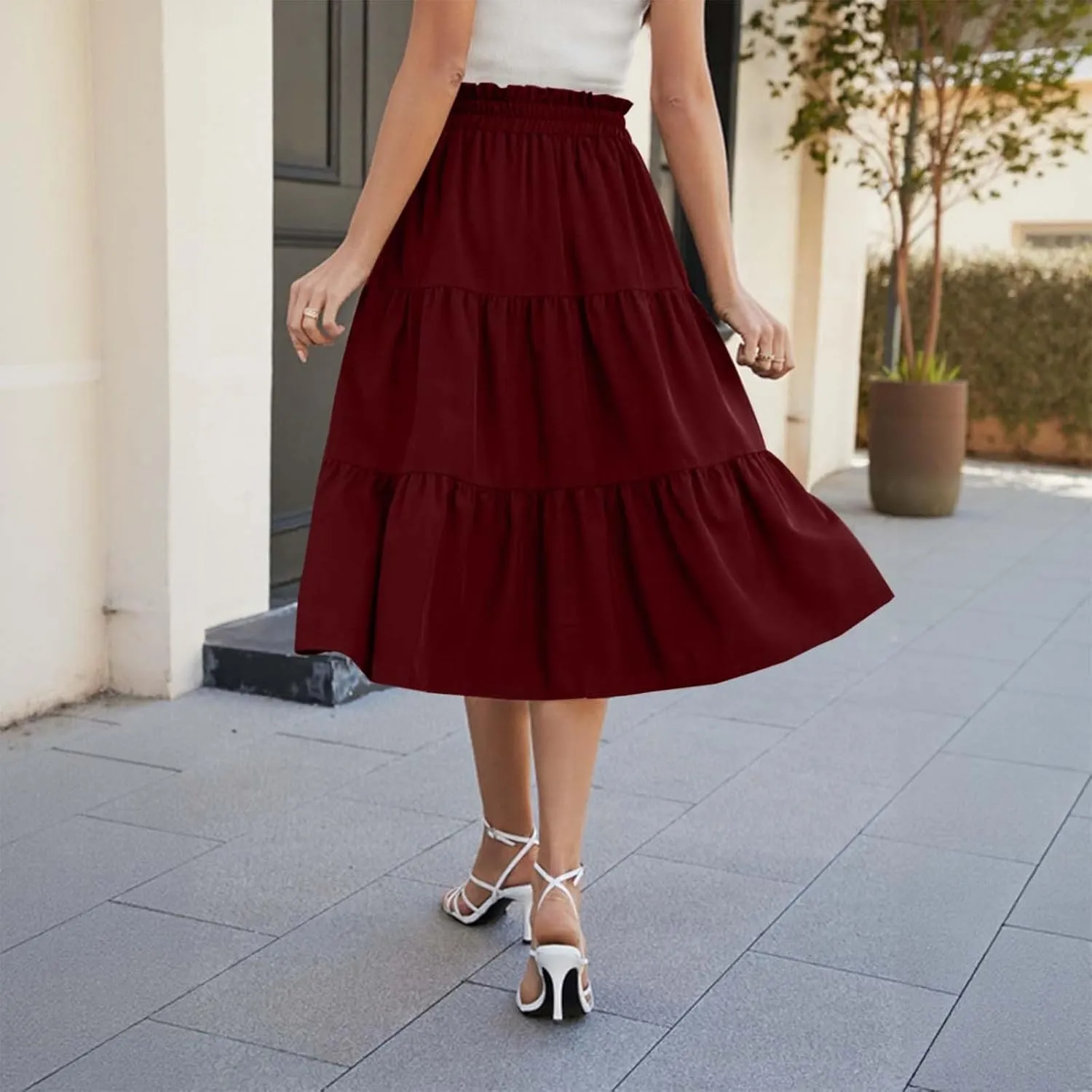 Tiered Midi Skirt for Women 2025 Flowy A Line Skirt Elastic Waist Bohemian Flared Long Spring Summer Skirt
