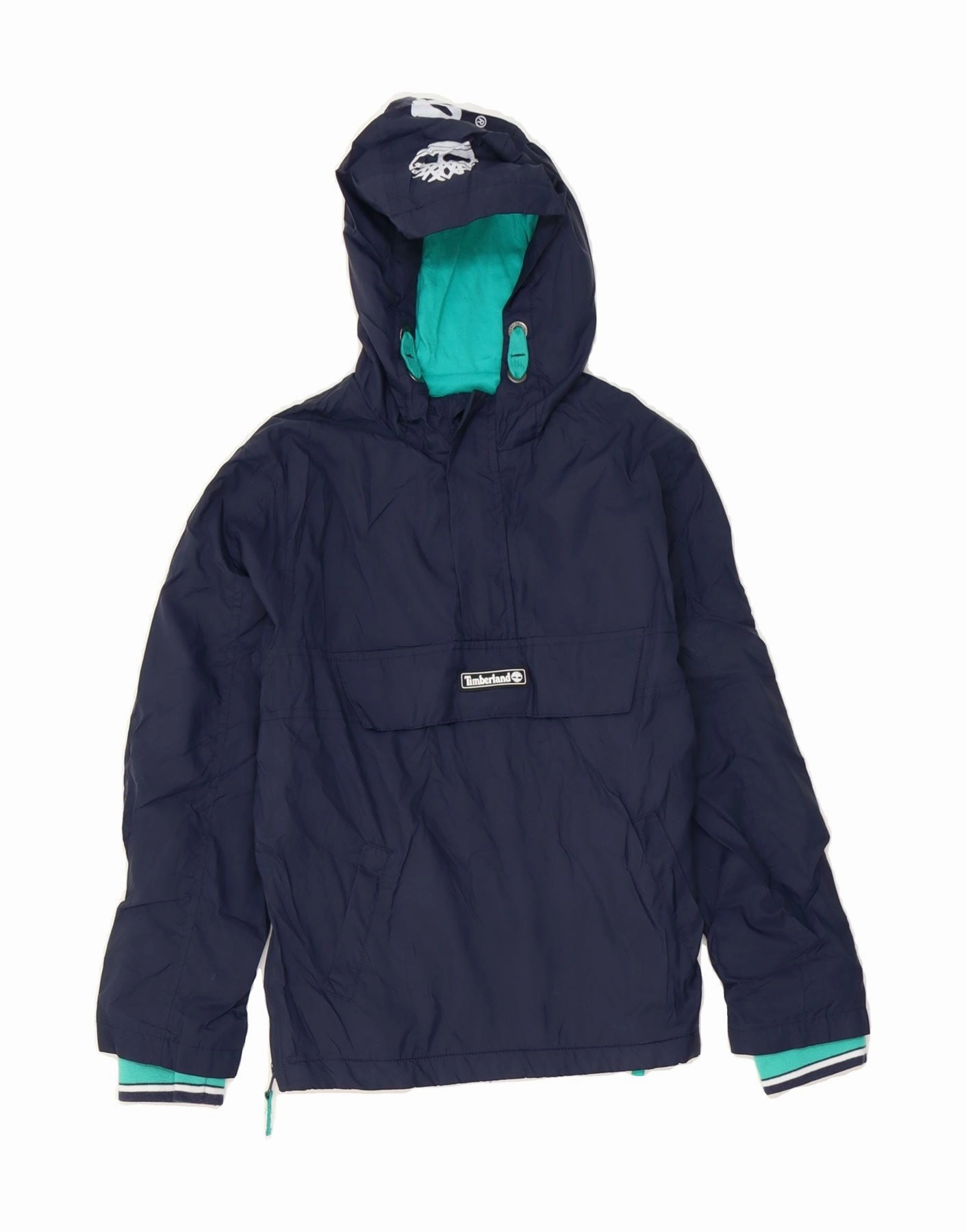 Wilderness Ready TIMBERLAND Boys Graphic Hooded Anorak Jacket 7-8 Years Navy Blue Polyester