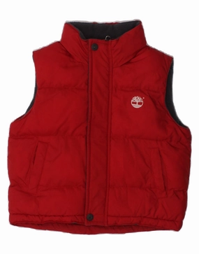 Comfort Fit Silhouette TIMBERLAND Boys Graphic Hooded Padded Gilet 4-5 Years Red Polyester
