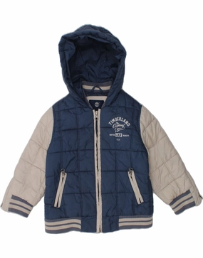 Modern Utility Style Driven TIMBERLAND Boys Graphic Hooded Padded Jacket 2-3 Years Blue Colourblock