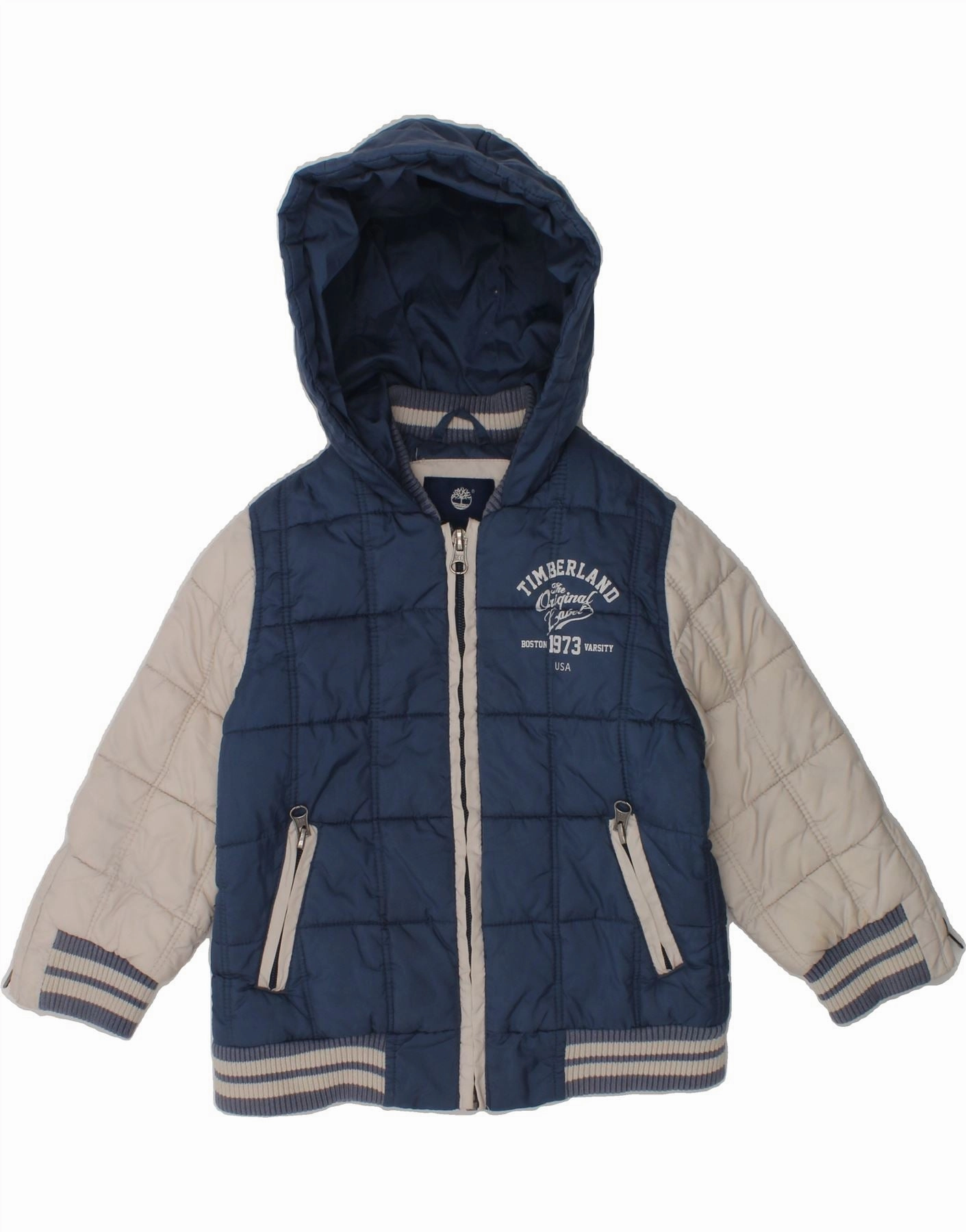 Modern Utility Style Driven TIMBERLAND Boys Graphic Hooded Padded Jacket 2-3 Years Blue Colourblock