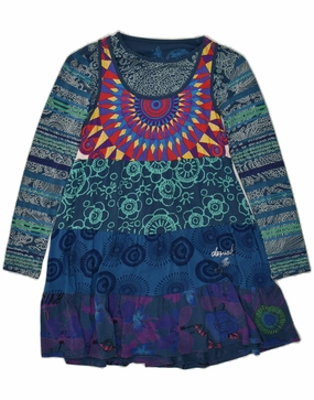 Sharp Detail DESIGUAL Girls Long Sleeve A-Line Dress 9-10 Years Blue Patchwork Cotton