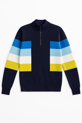 BARCARES - Quarter Zip Knit Cardigan for Men | 100% Wool (DARK BLUE / MULTI CAP) Effortless Comfort Wear Casual Knit Wear
