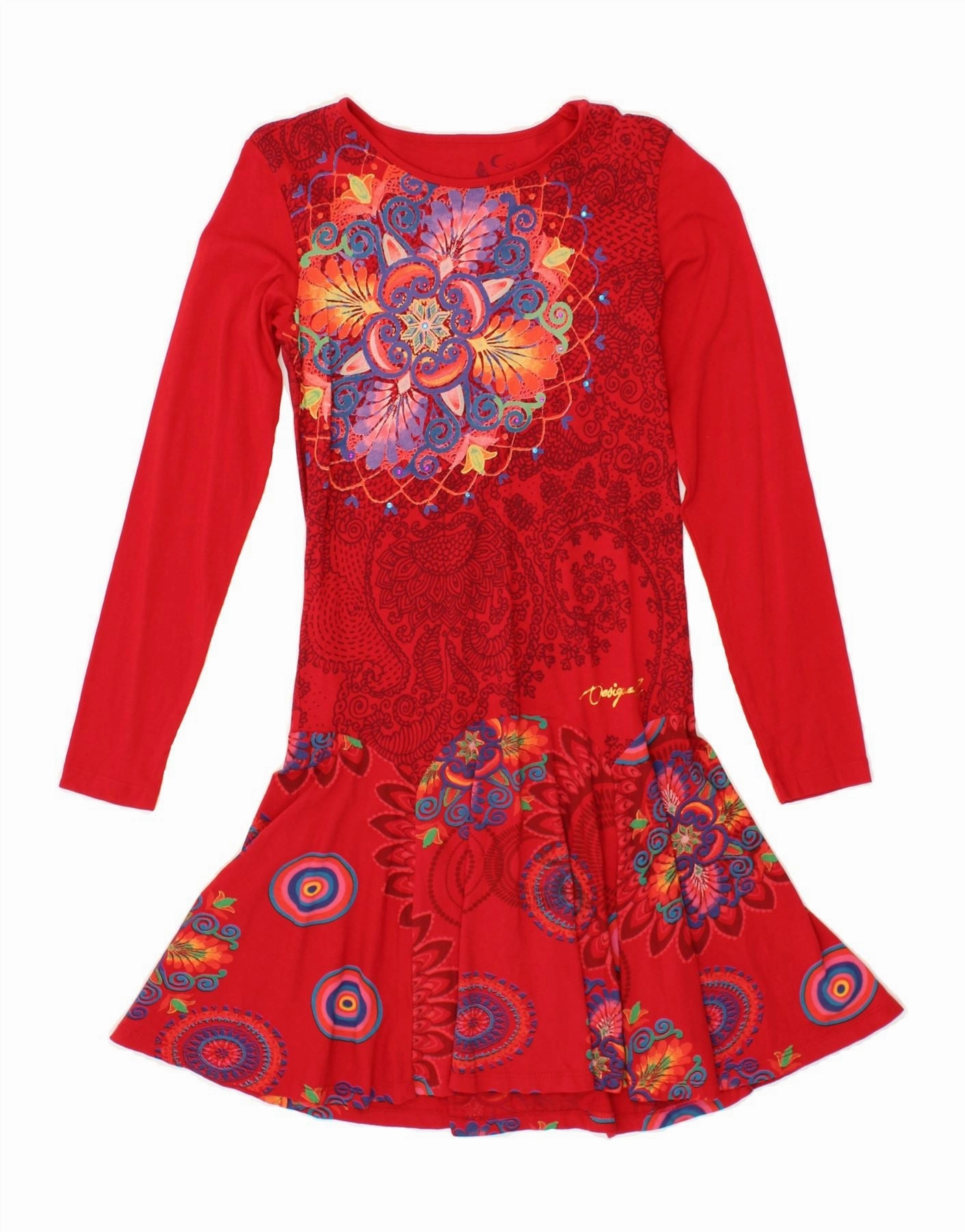 DESIGUAL Girls Drop Waist Dress 11-12 Years Red Floral Cotton Layering Comfort Free Shape