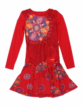 DESIGUAL Girls Drop Waist Dress 11-12 Years Red Floral Cotton Layering Comfort Free Shape
