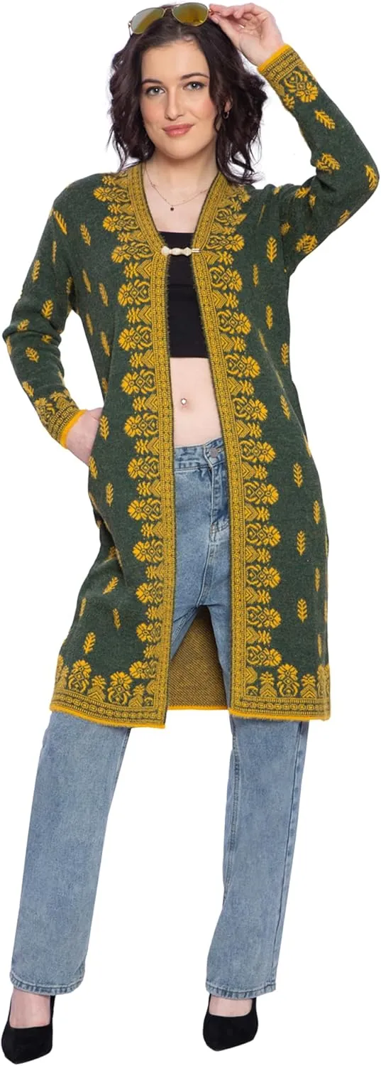 TNQ Women Woolen Log Sweater || Long Shrugs || Printed Woollen Coat || Open Front Longline Shrug Cardigan