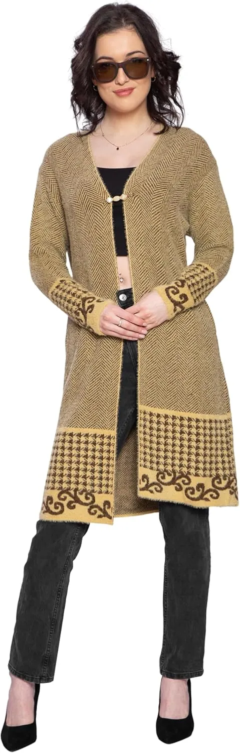 TNQ Women Woolen Log Sweater || Long Shrugs || Printed Woollen Coat || Open Front Longline Shrug Cardigan