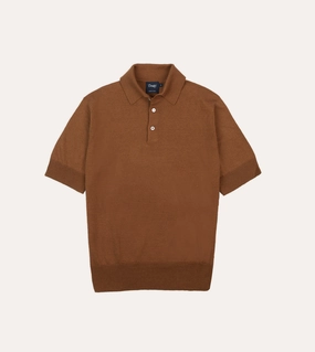 Cold Comfort Crewneck Style Tobacco Knitted Linen-Cotton Short-Sleeve Polo Shirt