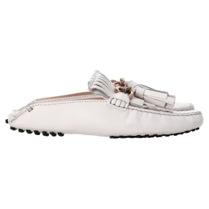 Chic Minimalism Tod's Tassel and Chain Detail Loafers in White Leather