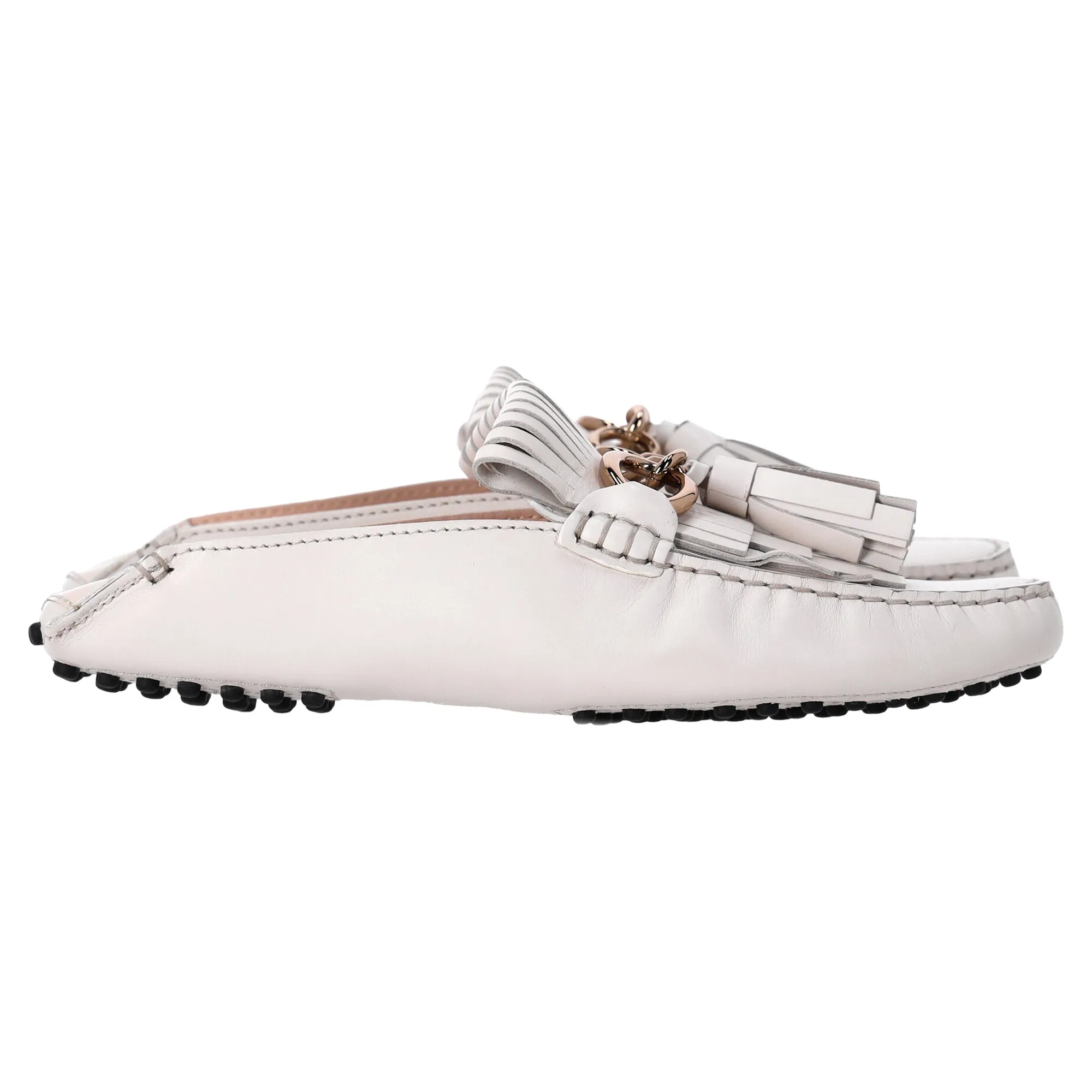 Chic Minimalism Tod's Tassel and Chain Detail Loafers in White Leather
