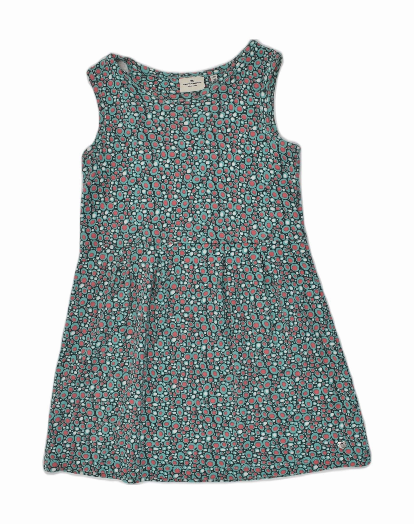 TOM TAILOR Girls Sleeveless A-Line Dress 8-9 Years Green Spotted Cotton Easy Comfort