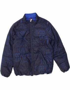TOMMY HILFIGER Boys Graphic Reversible Jacket 8-9 Years Medium Navy Blue Hidden Compartments