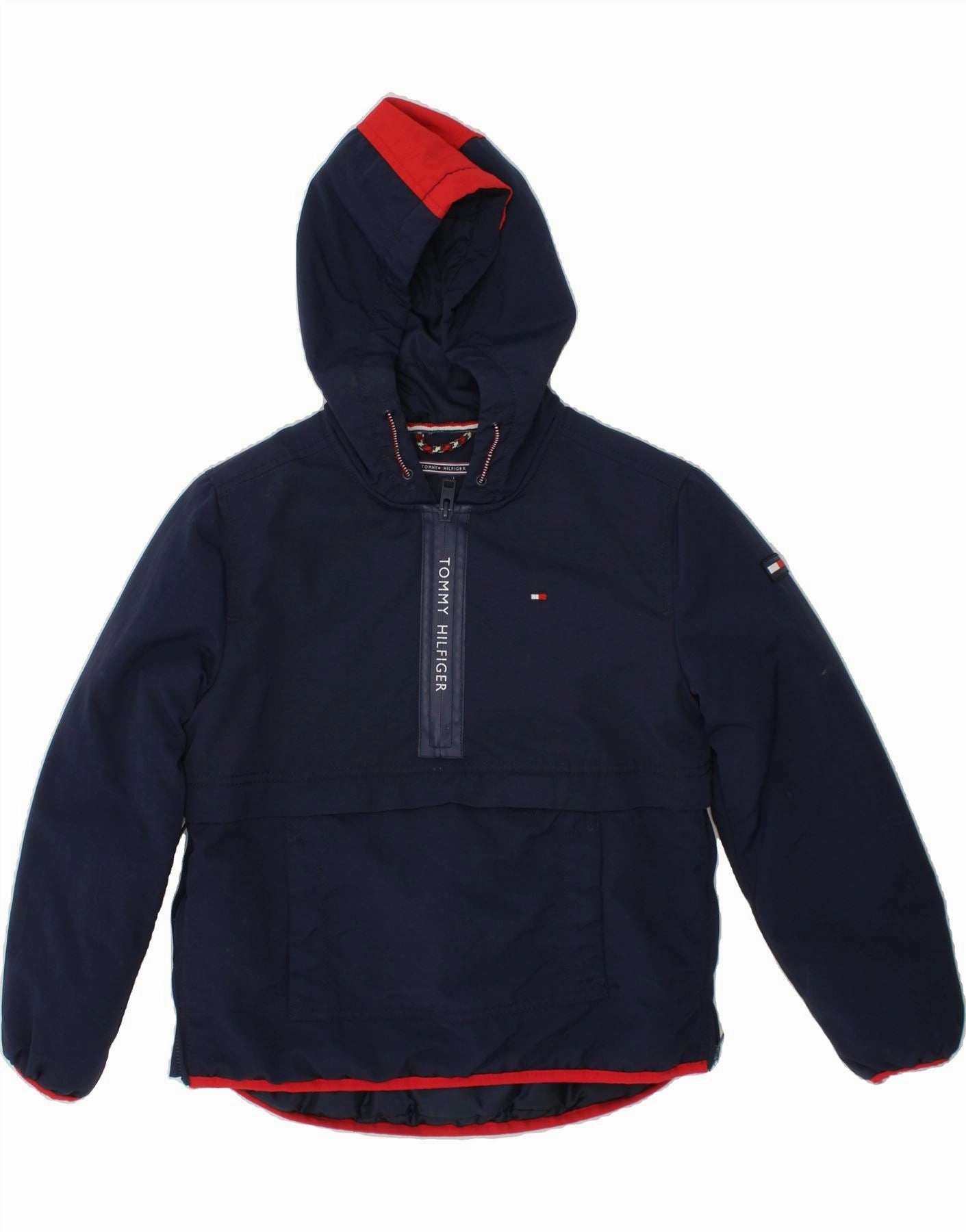 High Collar Fit TOMMY HILFIGER Boys Hooded Anorak Jacket 7-8 Years Navy Blue Polyamide