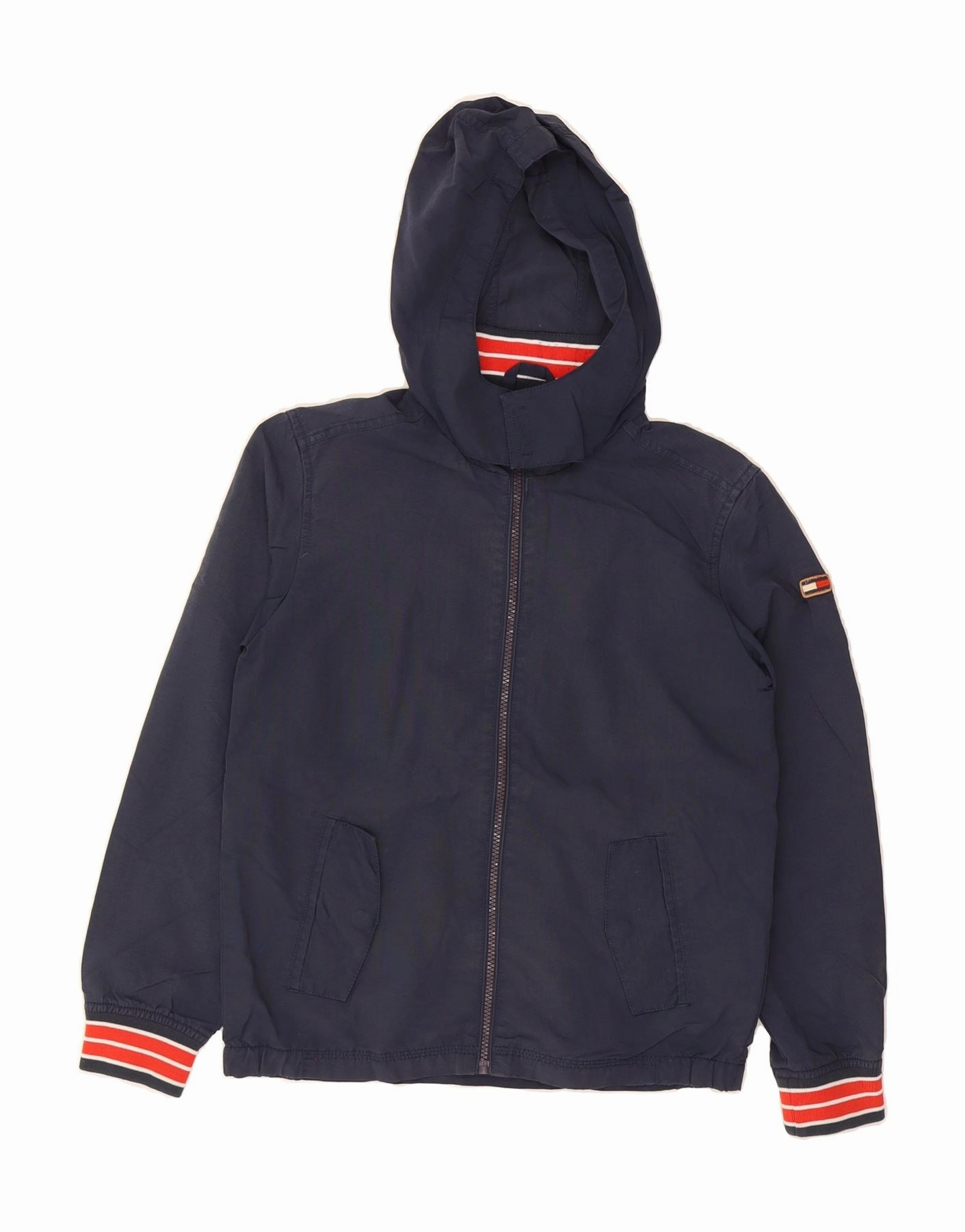 TOMMY HILFIGER Boys Hooded Bomber Jacket 11-12 Years Navy Blue Polyester Abrasion Resistant Zippers Program
