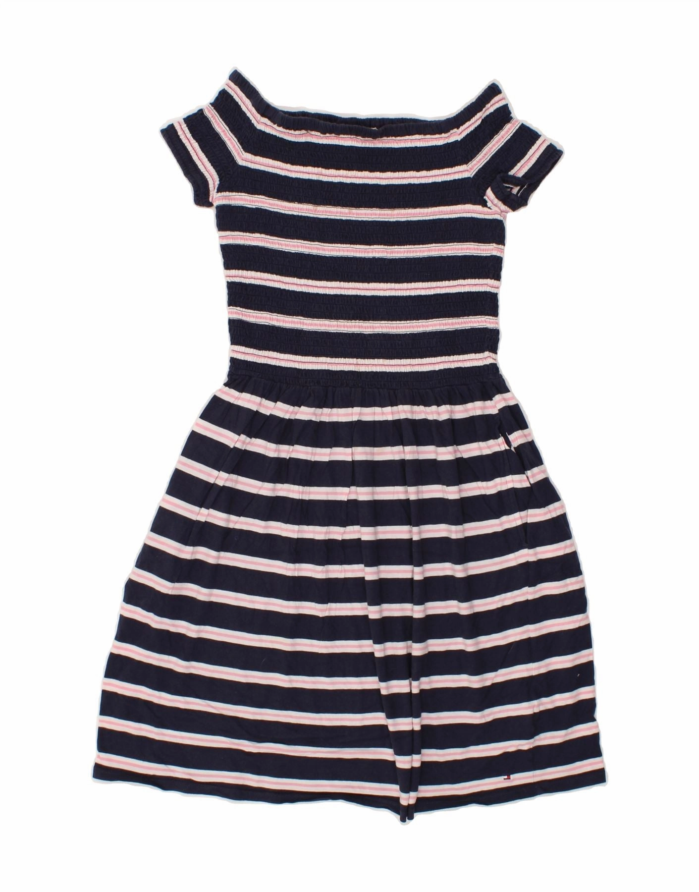 TOMMY HILFIGER Girls A-Line Dress 15-16 Years Navy Blue Striped Cotton Soft Silhouette Work Flex