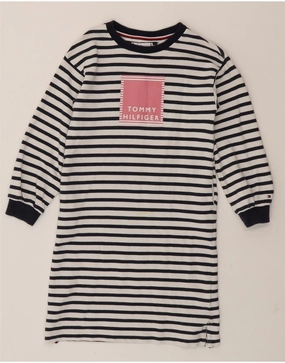 TOMMY HILFIGER Girls Graphic Jumper Dress 7-8 Years White Striped Urban Fit Stylish Look