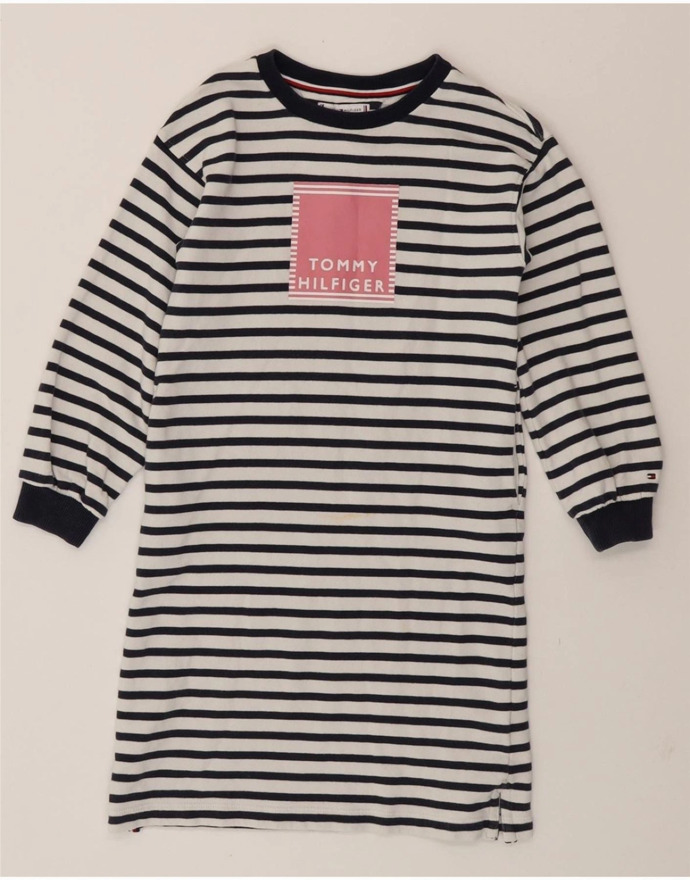 TOMMY HILFIGER Girls Graphic Jumper Dress 7-8 Years White Striped Urban Fit Stylish Look