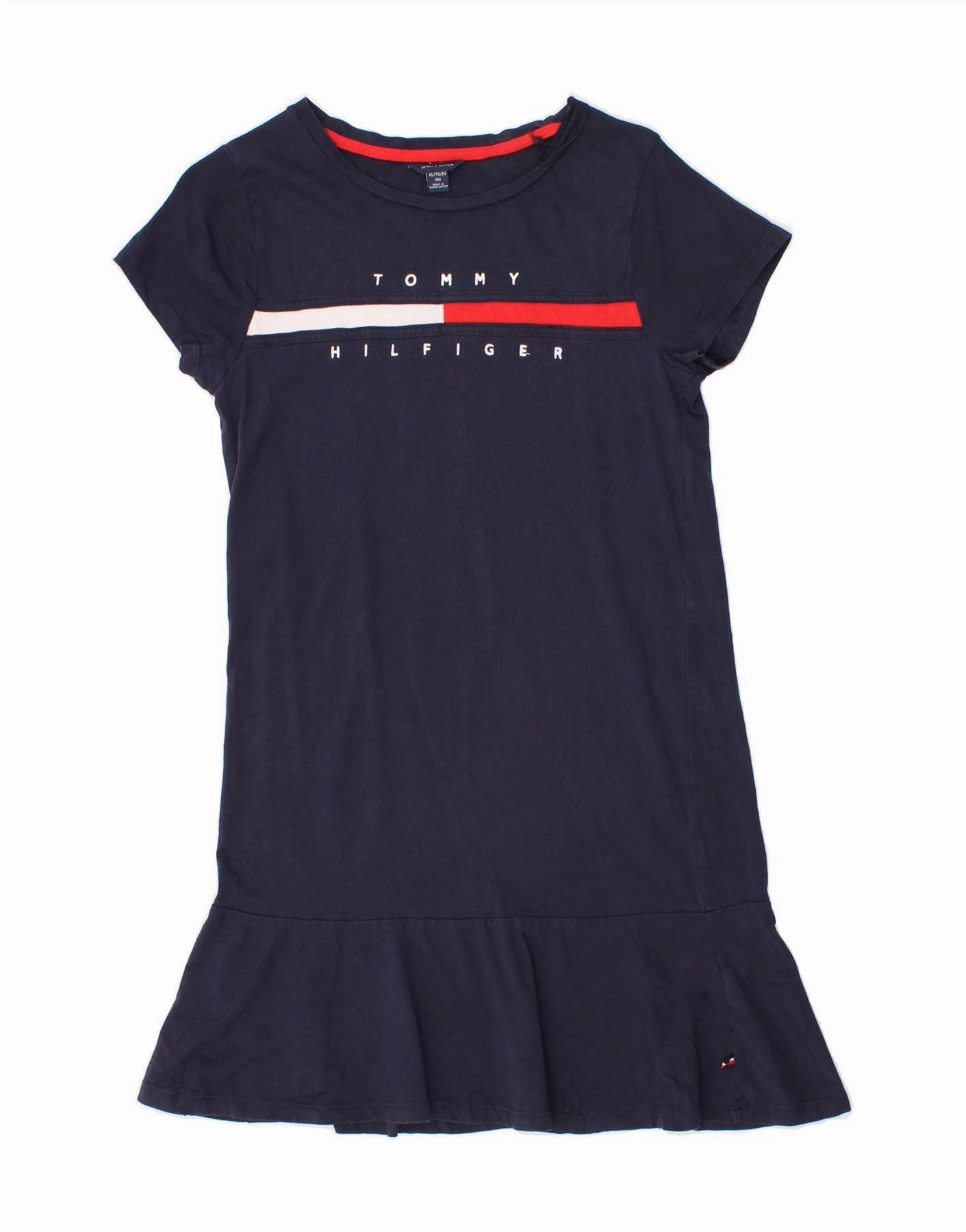 TOMMY HILFIGER Girls Graphic T-Shirt Dress 15-16 Years XL Navy Blue Cotton everyday staple Airy Drape