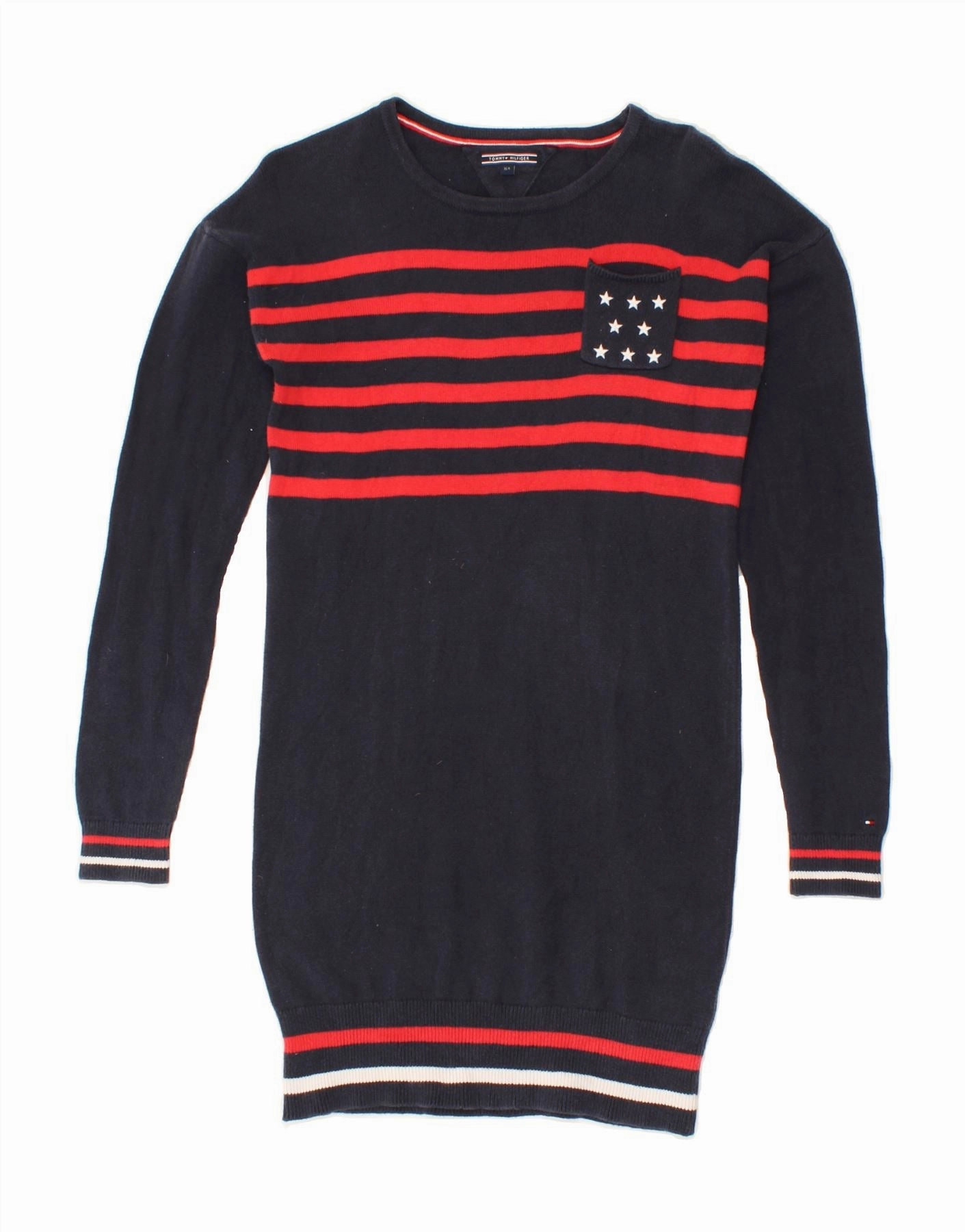 TOMMY HILFIGER Girls Jumper Dress 13-14 Years Navy Blue Striped Cotton Sheer-Overlay