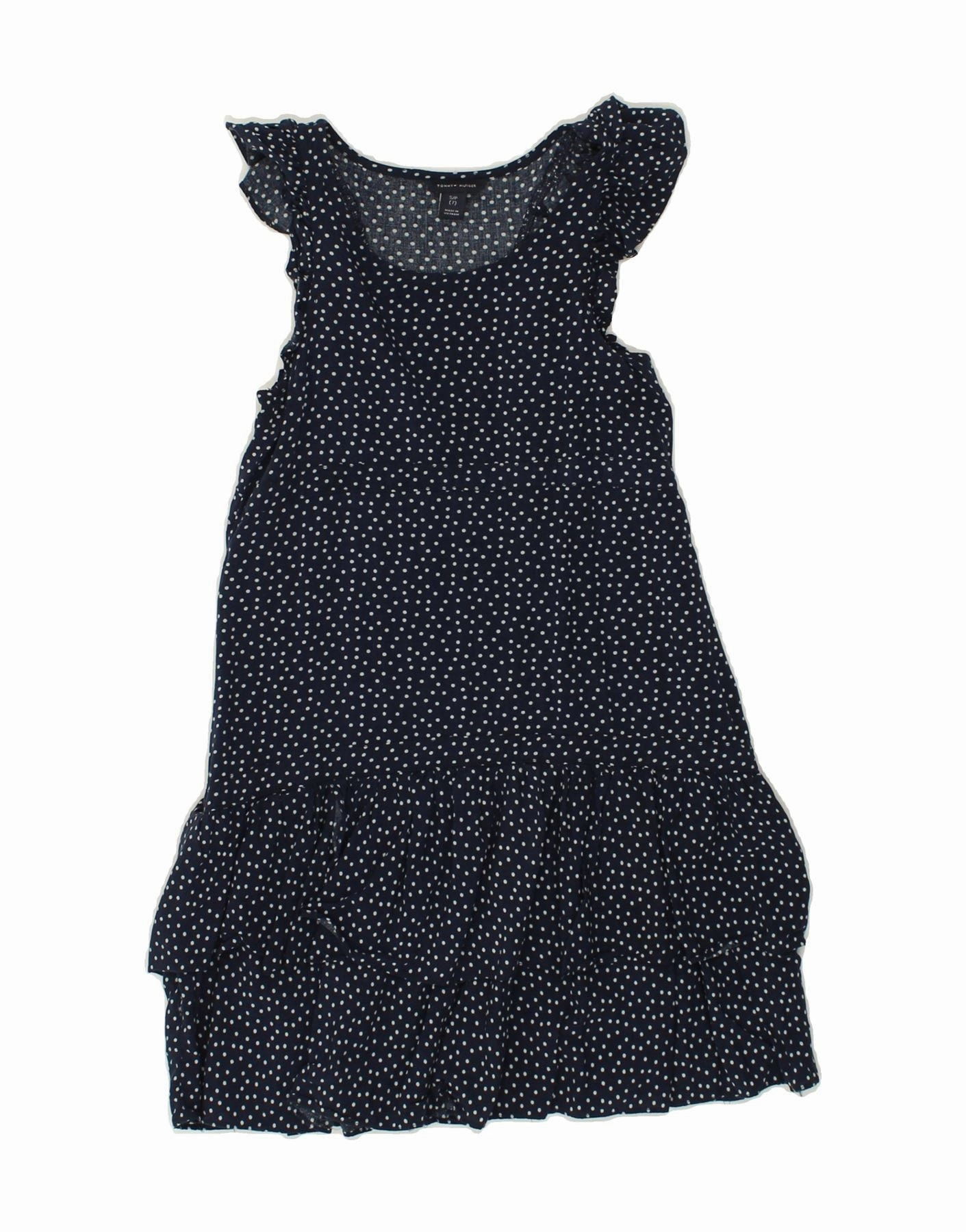 TOMMY HILFIGER Girls Tiered Dress 6-7 Years Small Navy Blue Spotted Rayon Subtle Look
