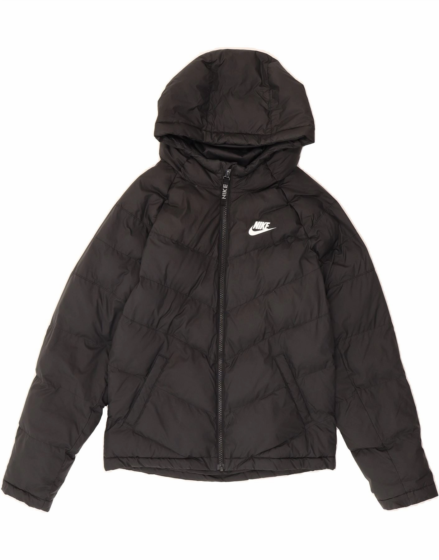 NIKE Boys Hooded Padded Jacket 12-13 Years Large  Black Polyester Solid Warm and Practical