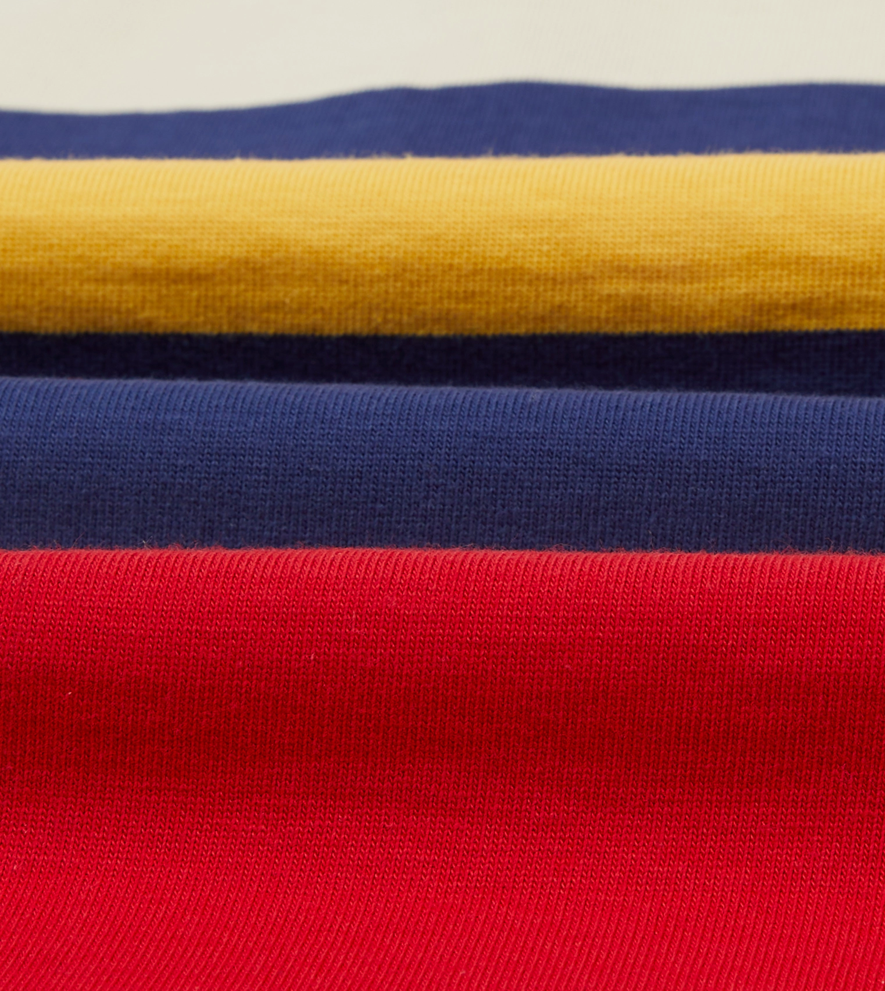 Trendy Outfit Adjustable Hem Red, Yellow and Navy Multi Stripe Cotton Rugby Shirt