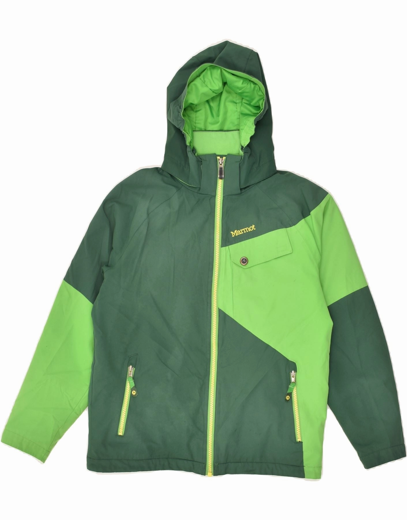 VINTAGE Boys Hooded Windbreaker Jacket 13-14 Years Large Green Colourblock Infatuation Desire