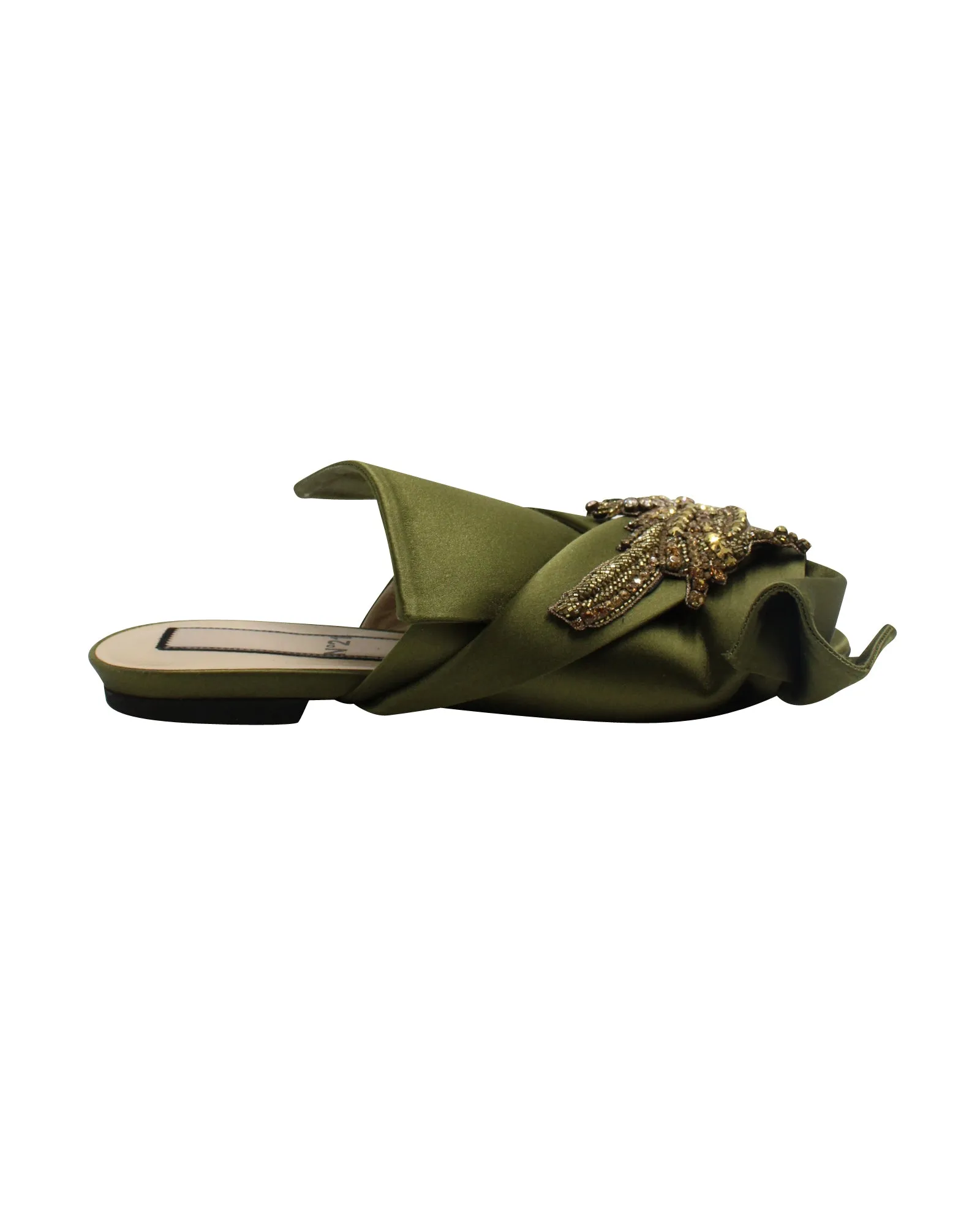 N.21 Raso Knot Flat Embellished Slides in Green Satin durable soles