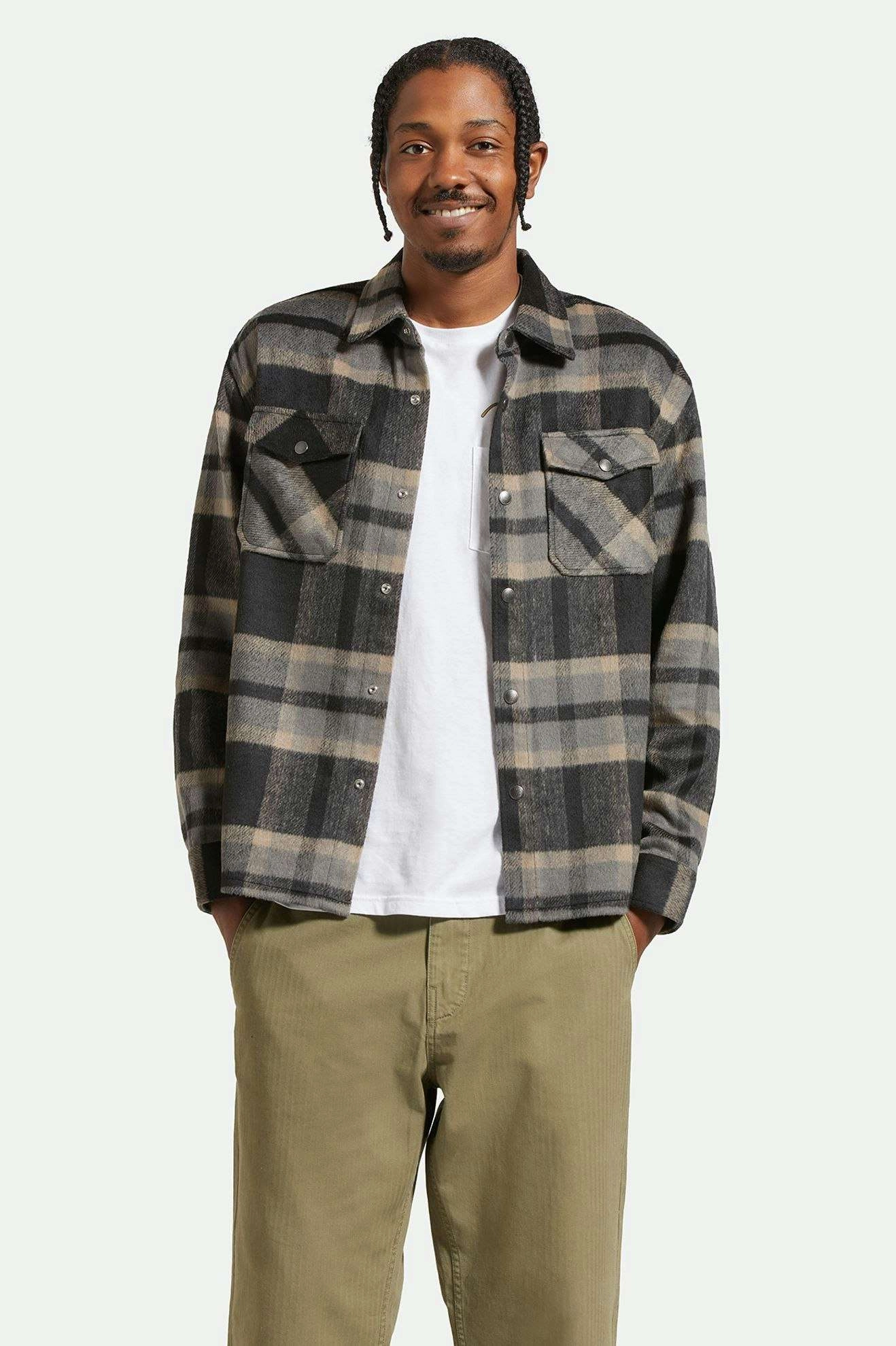 Selden Soft Brushed L/S Flannel Overshirt - Black/Charcoal Comfort Wear High Neck