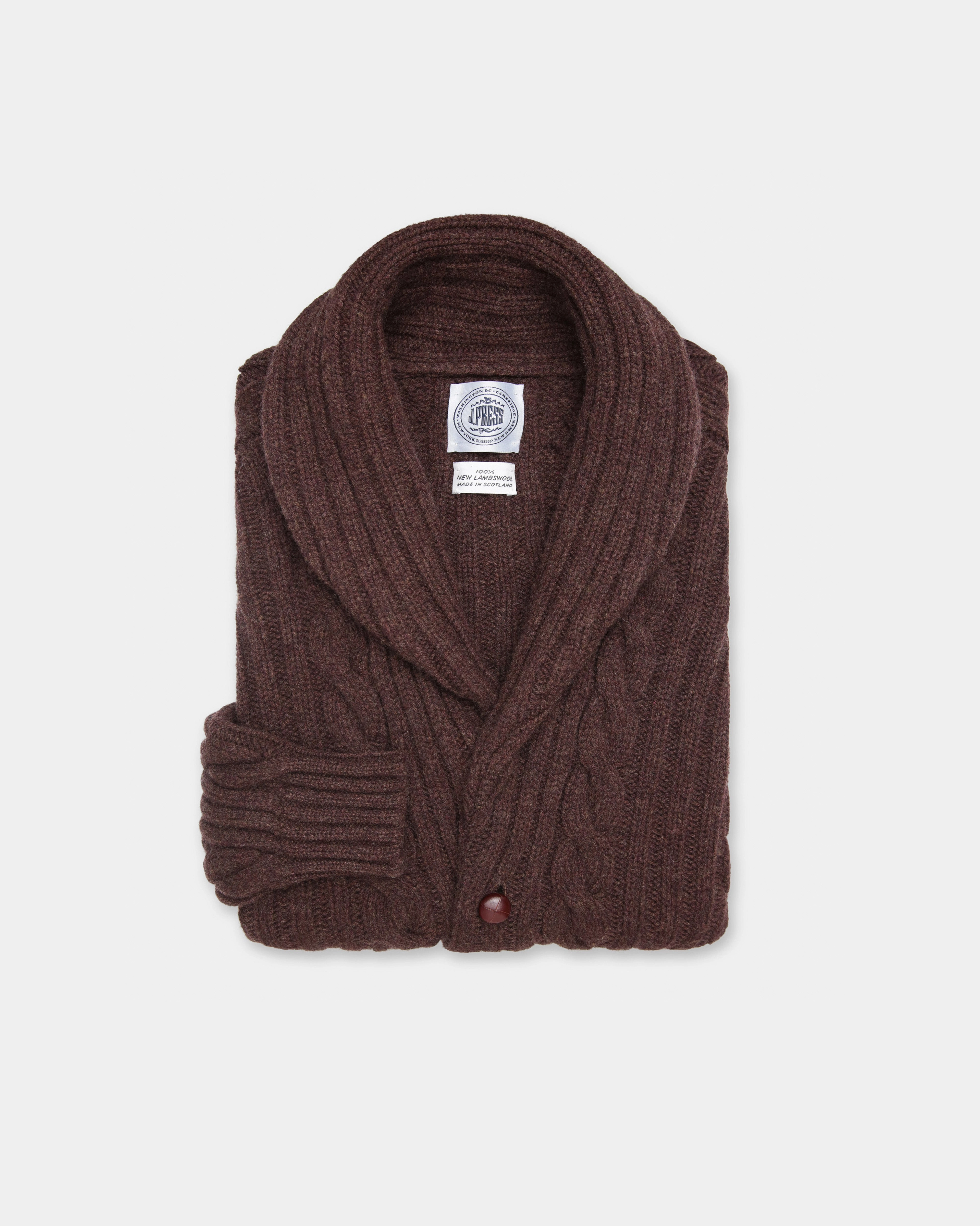 Soft Touch Microfiber Insulation Made-in-Scotland Brown Cableknit Lambswool Cardigan