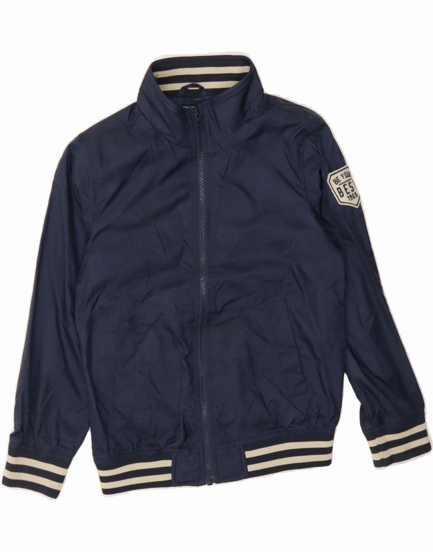 BENETTON Boys Graphic Bomber Jacket 7-8 Years Navy Blue Polyamide Trendy Accessory