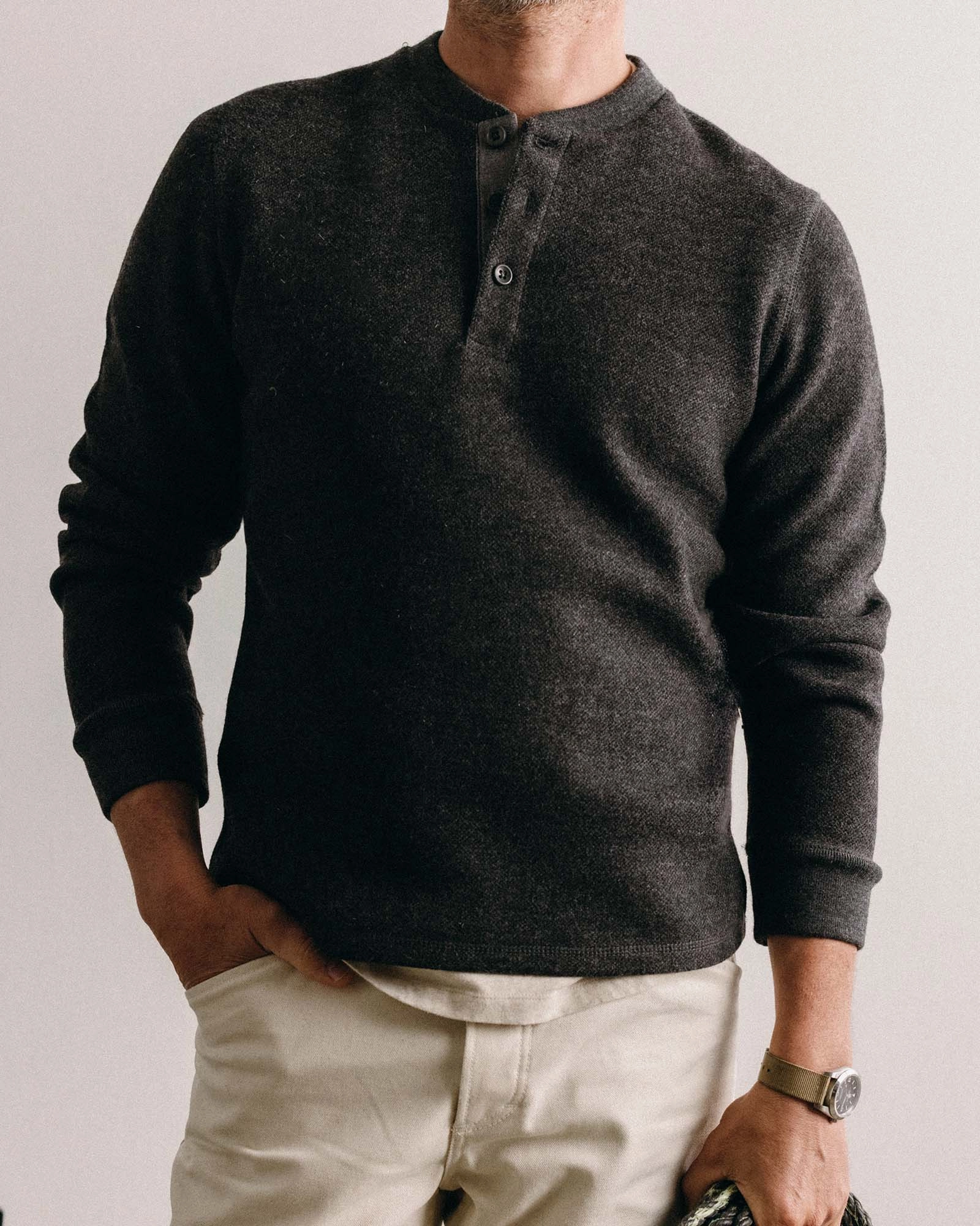 The Evans Henley in Charcoal Birdseye Wool Plus Size Fit Lounge Comfort