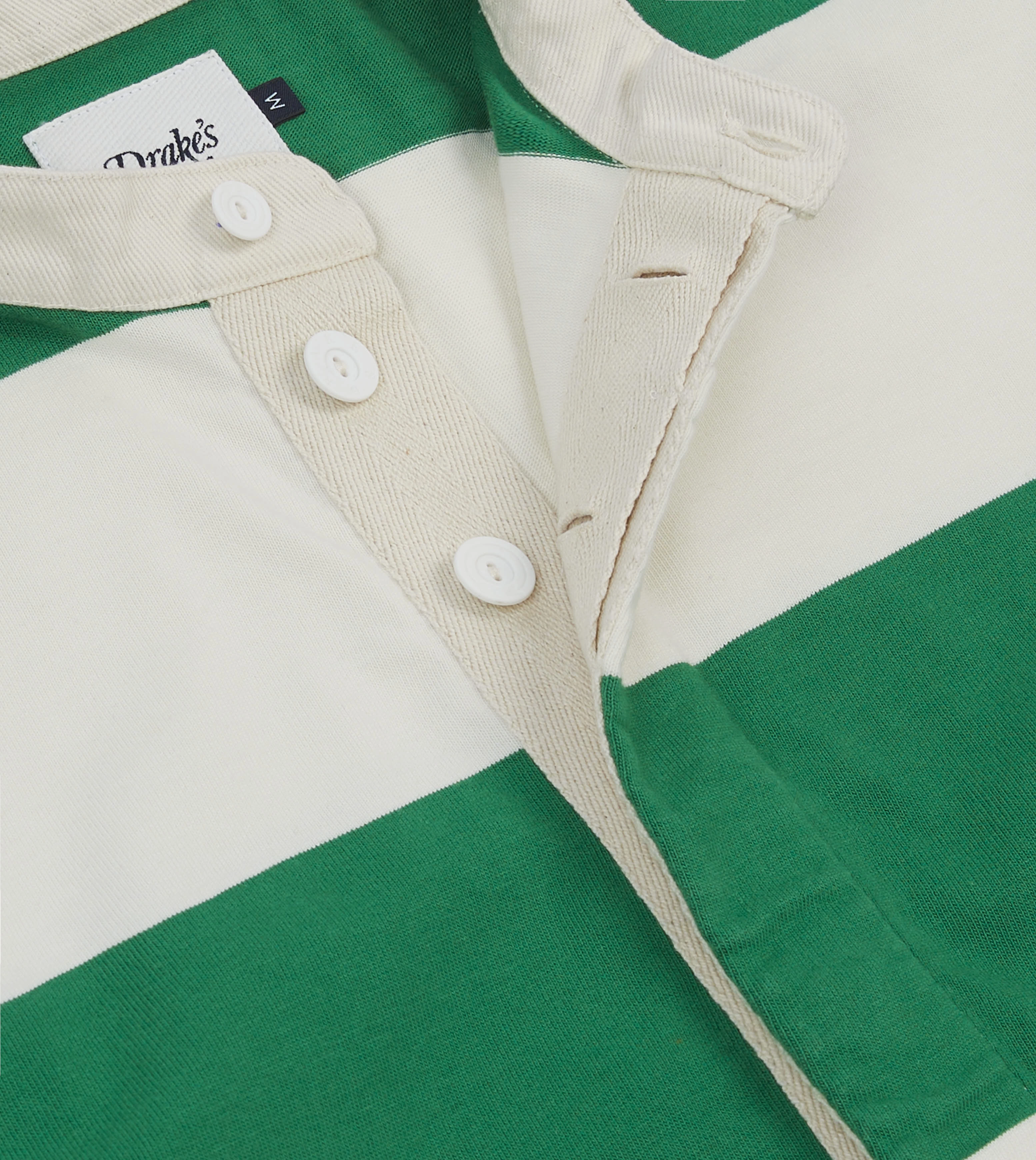 Country Escape Special Occasion Green and White Stripe Cotton Mandarin Collar Rugby Shirt