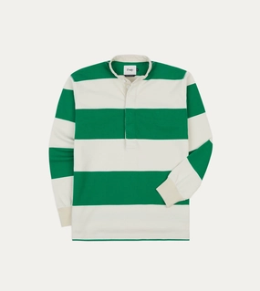Checkered Look Summer Vibes Green and White Stripe Cotton Mandarin Collar Rugby Shirt
