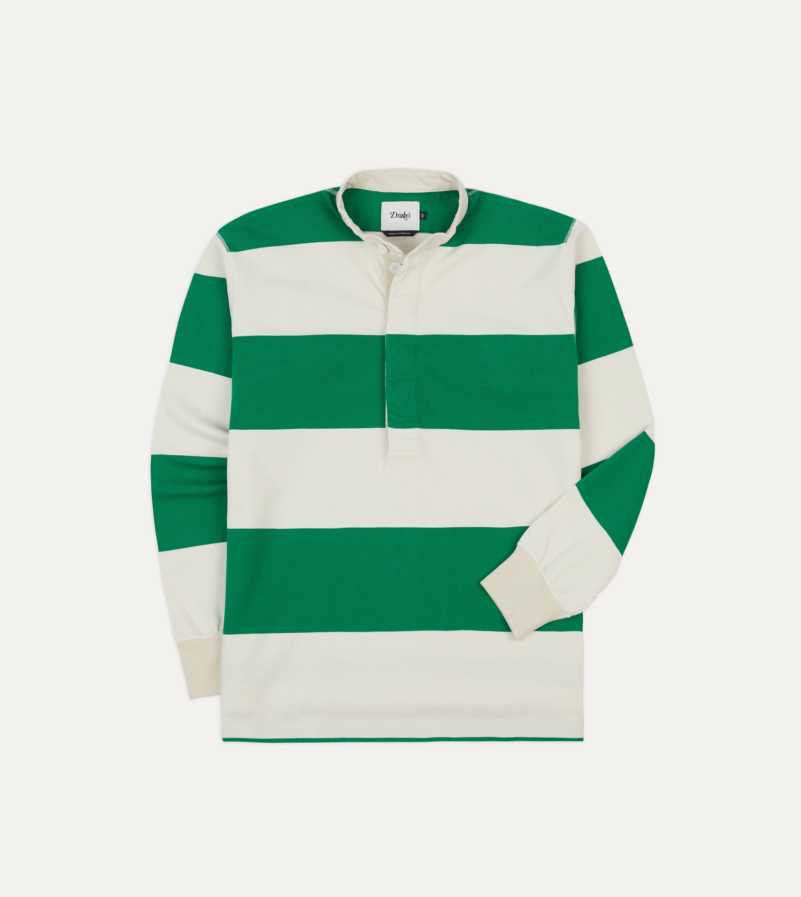 Checkered Look Summer Vibes Green and White Stripe Cotton Mandarin Collar Rugby Shirt