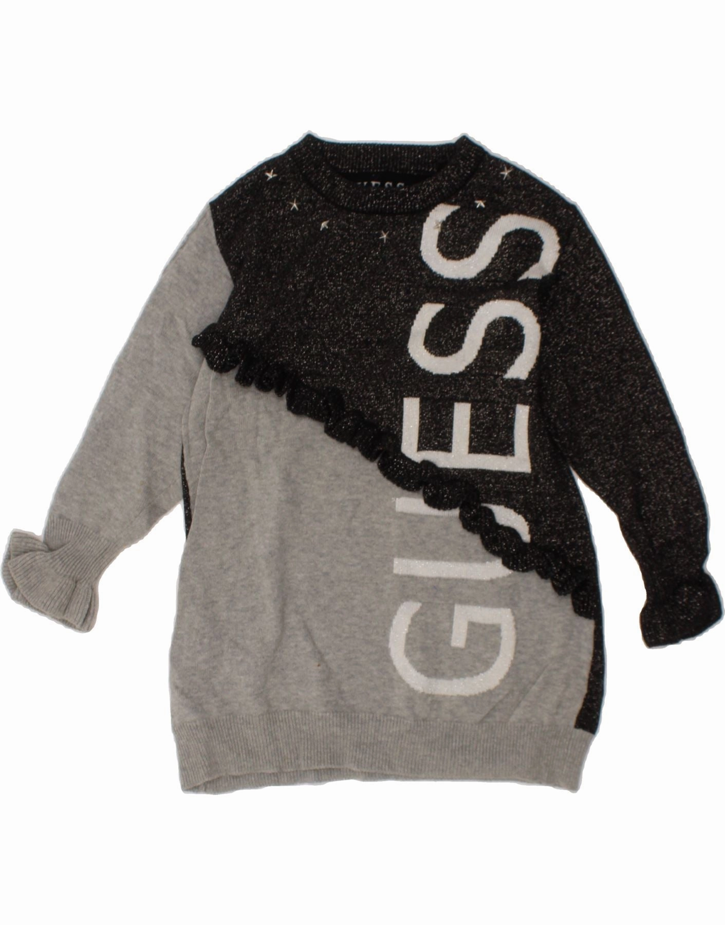 GUESS Girls Graphic Jumper Dress 2-3 Years Grey Colourblock Cotton Ruffle Detail