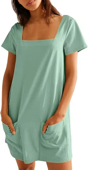 Tshirt Dress Women Summer Short Sleeve Square Neck Mini Dress Casual Cute Shift Vacation Beach Dress with Pockets