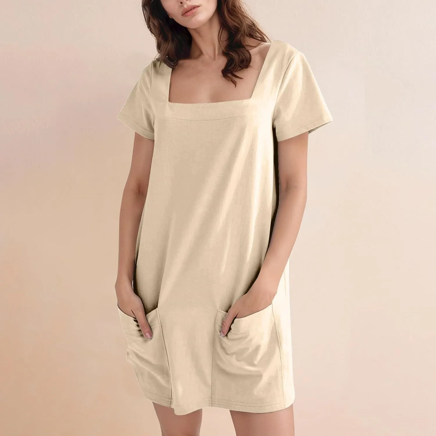 Tshirt Dress Women Summer Short Sleeve Square Neck Mini Dress Casual Cute Shift Vacation Beach Dress with Pockets