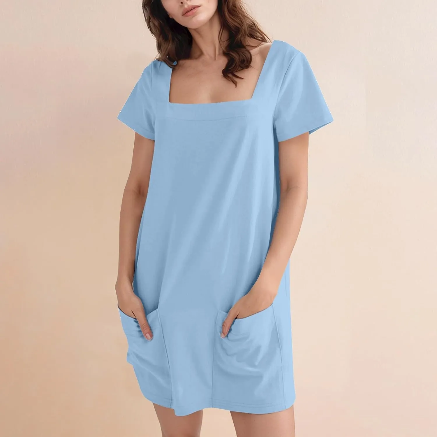 Tshirt Dress Women Summer Short Sleeve Square Neck Mini Dress Casual Cute Shift Vacation Beach Dress with Pockets
