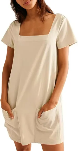 Tshirt Dress Women Summer Short Sleeve Square Neck Mini Dress Casual Cute Shift Vacation Beach Dress with Pockets