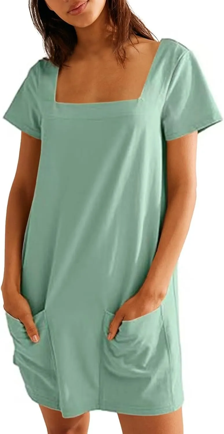 Tshirt Dress Women Summer Short Sleeve Square Neck Mini Dress Casual Cute Shift Vacation Beach Dress with Pockets