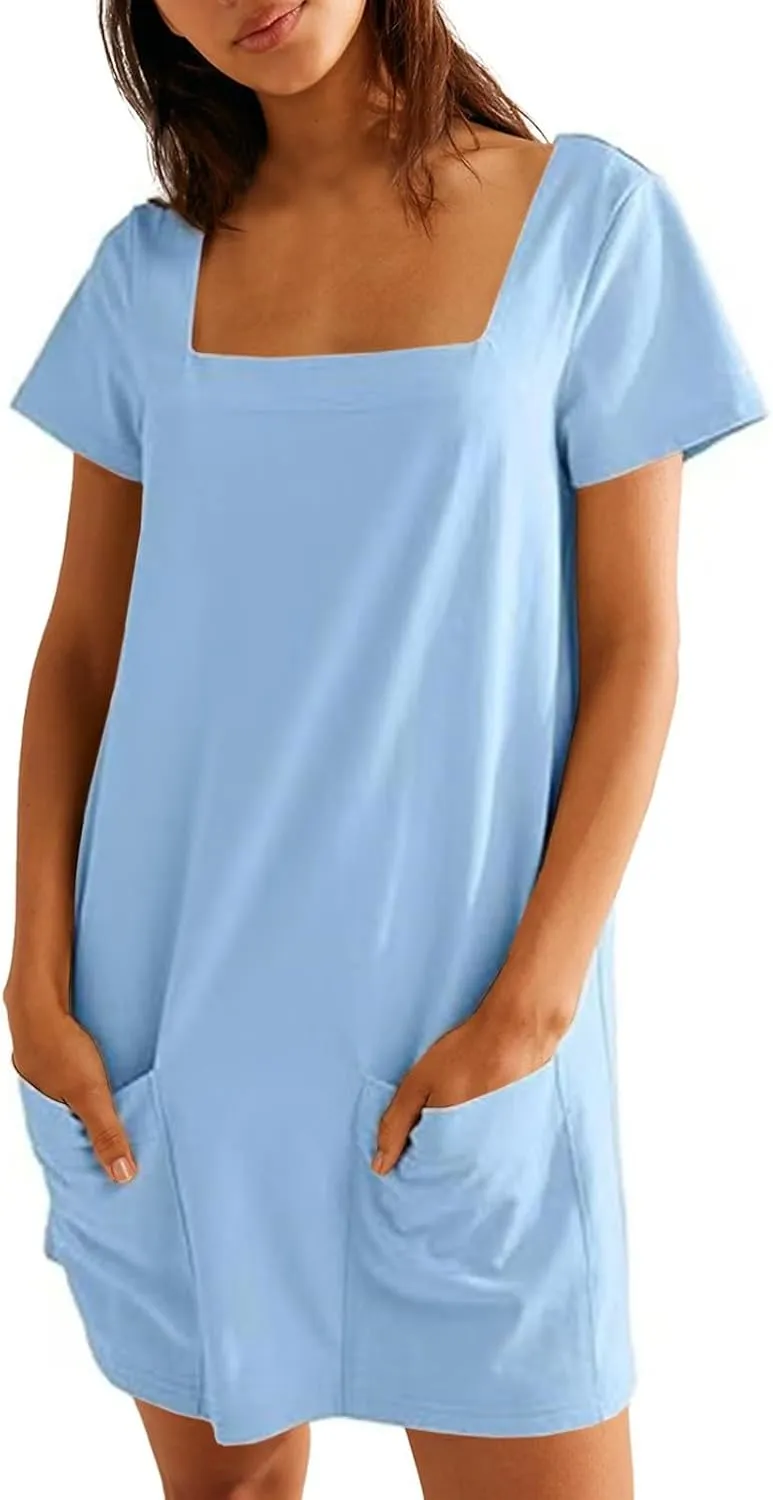Tshirt Dress Women Summer Short Sleeve Square Neck Mini Dress Casual Cute Shift Vacation Beach Dress with Pockets